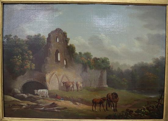 Follower of Julius Caesar Ibbetson (1759-1817), oil on canvas, Figure, cattle and horses in a landscape with ruin, 24 x 34cm